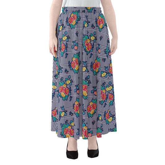 Blue And White Floral Glen Plaid Print Chiffon Maxi Skirt