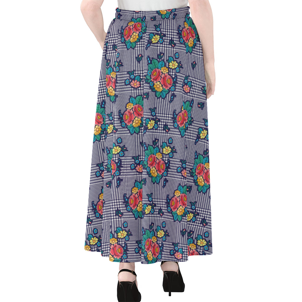 Blue And White Floral Glen Plaid Print Chiffon Maxi Skirt