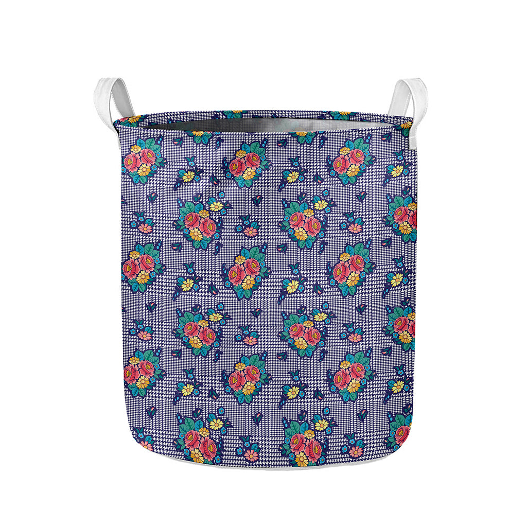 Blue And White Floral Glen Plaid Print Collapsible Laundry Basket