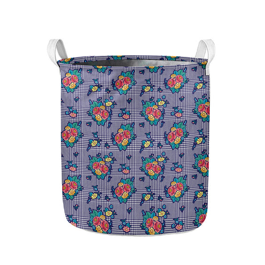 Blue And White Floral Glen Plaid Print Collapsible Laundry Basket