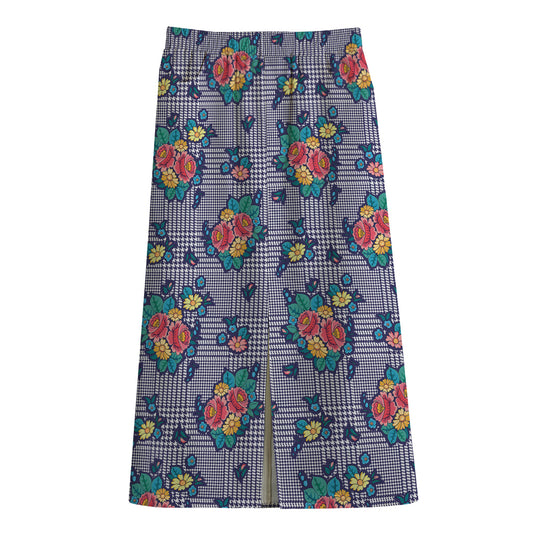 Blue And White Floral Glen Plaid Print Cotton Front Slit Maxi Skirt