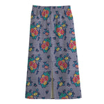 Blue And White Floral Glen Plaid Print Cotton Front Slit Maxi Skirt