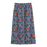 Blue And White Floral Glen Plaid Print Cotton Front Slit Maxi Skirt