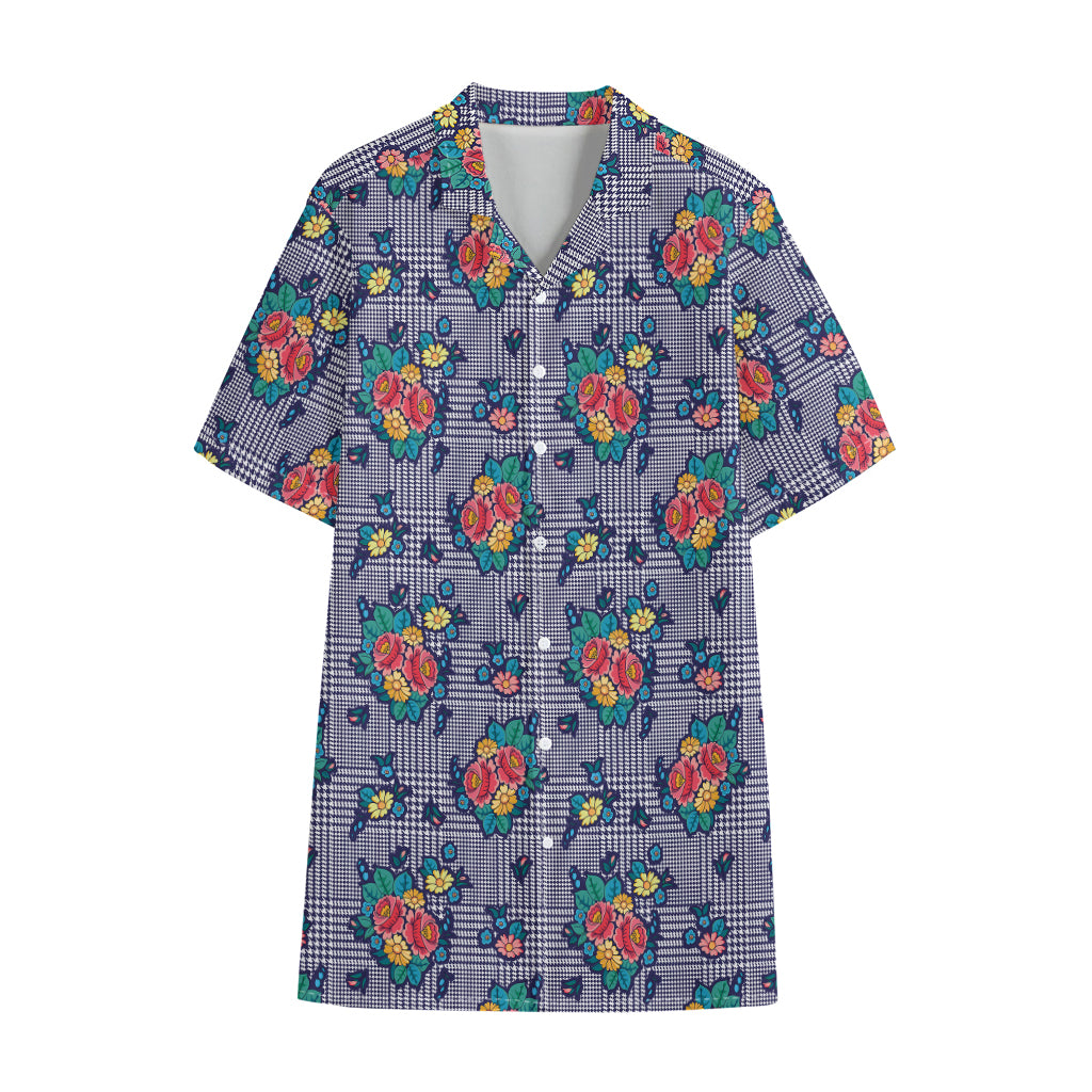 Blue And White Floral Glen Plaid Print Cotton Hawaiian Shirt