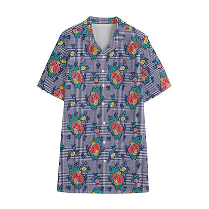 Blue And White Floral Glen Plaid Print Cotton Hawaiian Shirt