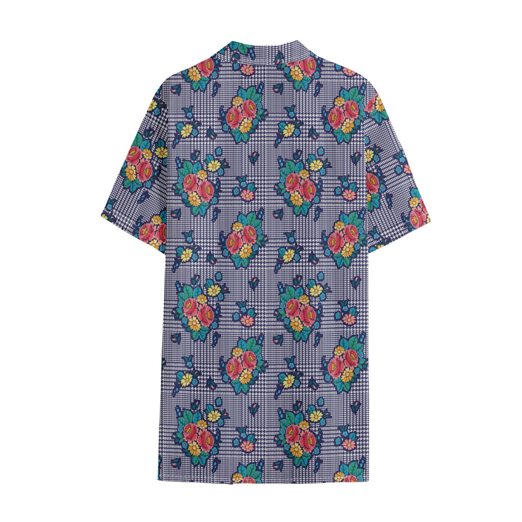 Blue And White Floral Glen Plaid Print Cotton Hawaiian Shirt