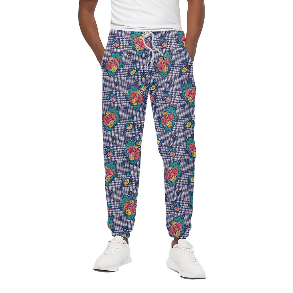 Blue And White Floral Glen Plaid Print Cotton Pants