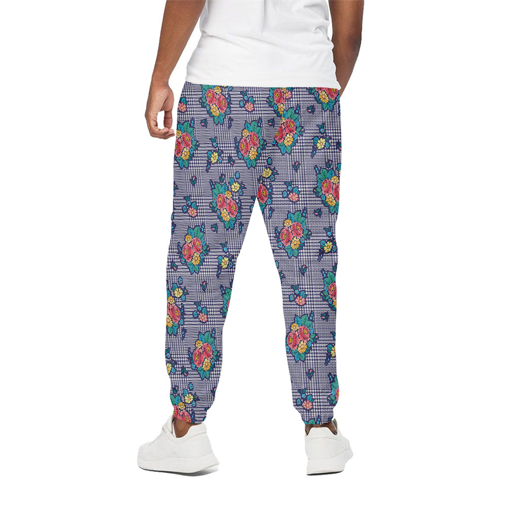 Blue And White Floral Glen Plaid Print Cotton Pants