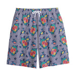 Blue And White Floral Glen Plaid Print Cotton Shorts