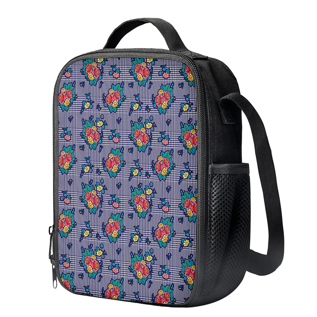 Blue And White Floral Glen Plaid Print Crossbody Lunch Bag
