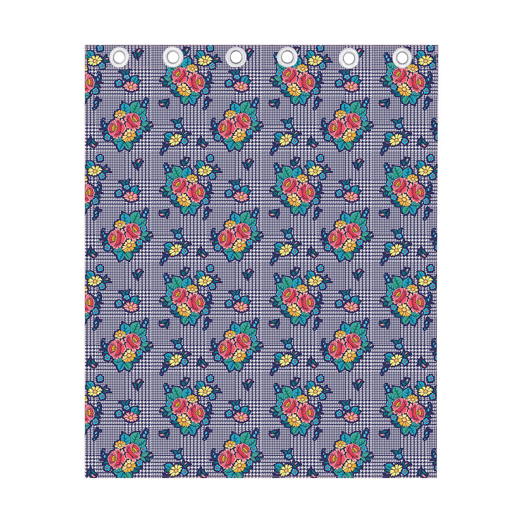 Blue And White Floral Glen Plaid Print Curtain