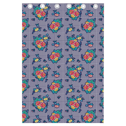 Blue And White Floral Glen Plaid Print Curtain