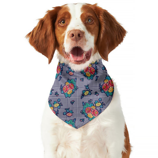 Blue And White Floral Glen Plaid Print Dog Bandana