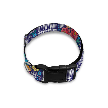 Blue And White Floral Glen Plaid Print Dog Collar
