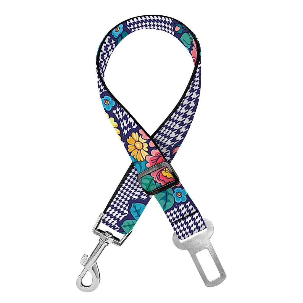 Blue And White Floral Glen Plaid Print Dog Seat Belt