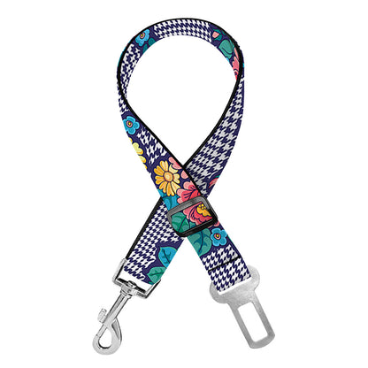 Blue And White Floral Glen Plaid Print Dog Seat Belt