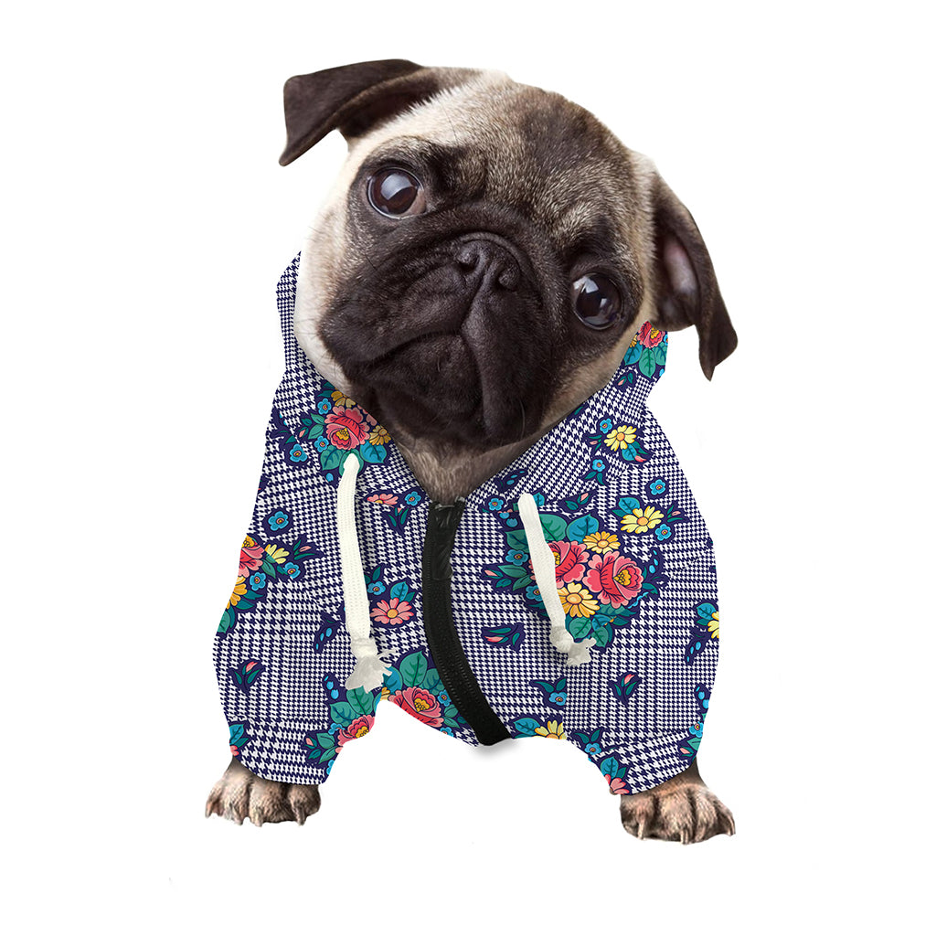 Blue And White Floral Glen Plaid Print Dog Zip Up Hoodie