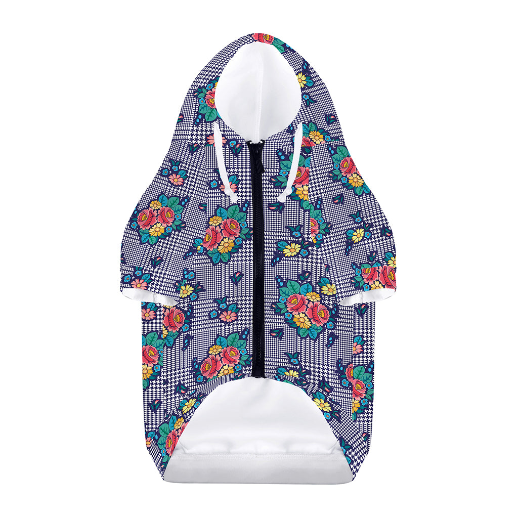Blue And White Floral Glen Plaid Print Dog Zip Up Hoodie