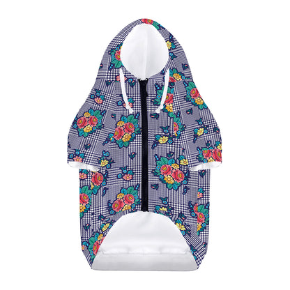Blue And White Floral Glen Plaid Print Dog Zip Up Hoodie