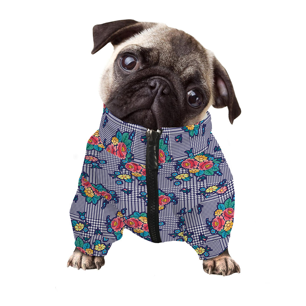 Blue And White Floral Glen Plaid Print Dog Zip Up Jacket