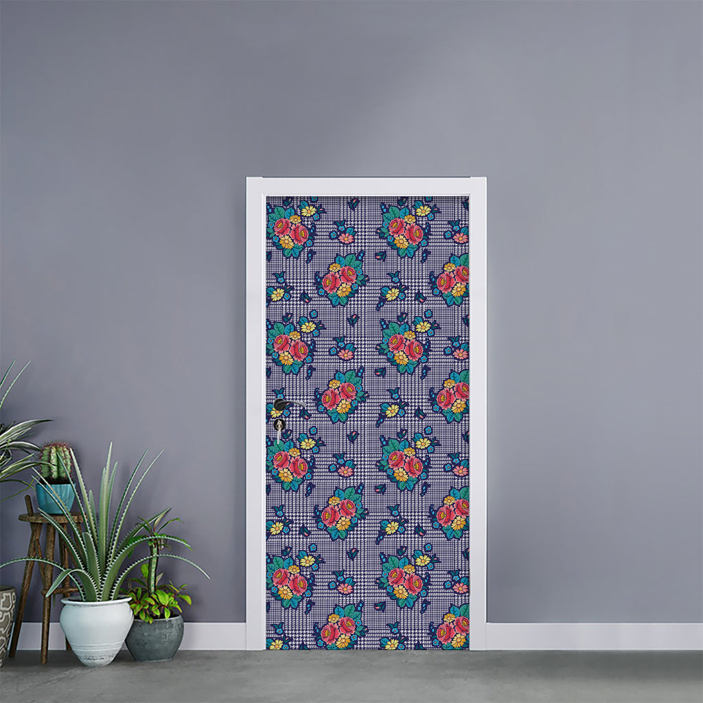 Blue And White Floral Glen Plaid Print Door Sticker