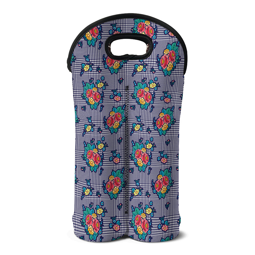 Blue And White Floral Glen Plaid Print Double Neoprene Wine Tote
