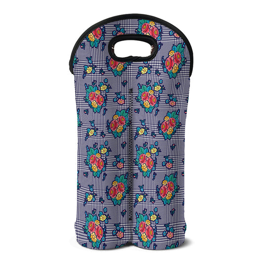 Blue And White Floral Glen Plaid Print Double Neoprene Wine Tote