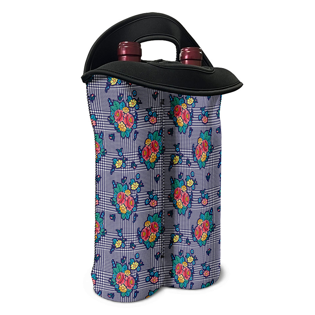 Blue And White Floral Glen Plaid Print Double Neoprene Wine Tote
