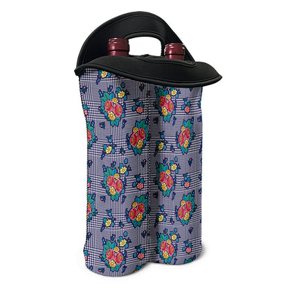 Blue And White Floral Glen Plaid Print Double Neoprene Wine Tote