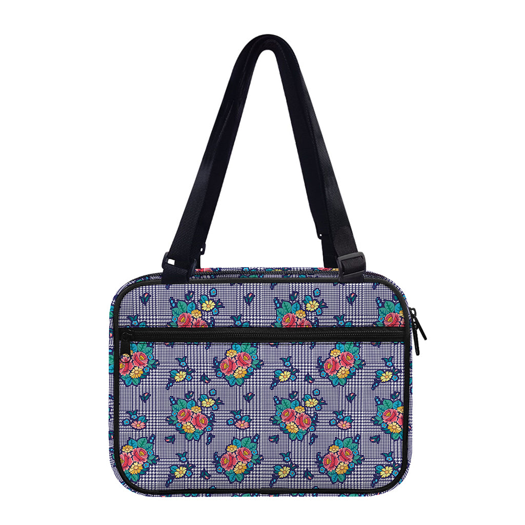 Blue And White Floral Glen Plaid Print Double Strap Bible Bag