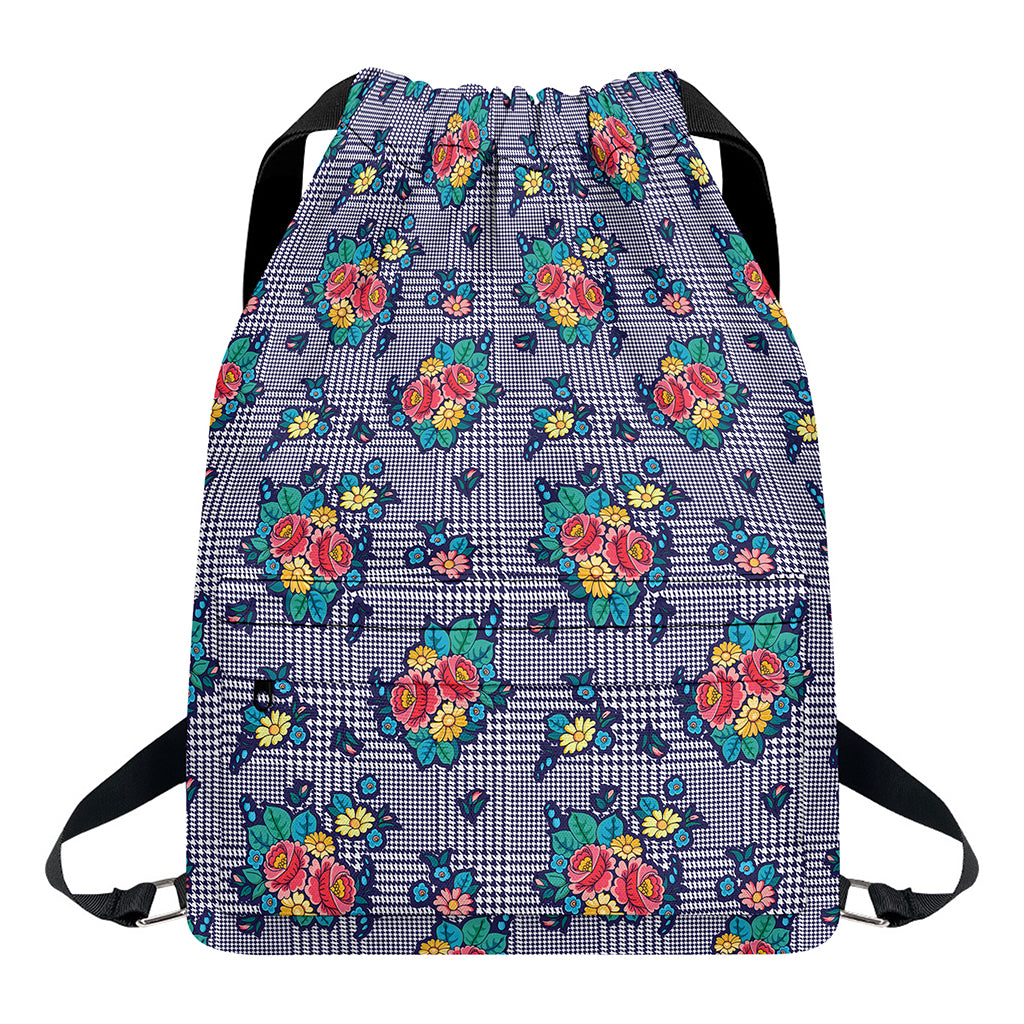 Blue And White Floral Glen Plaid Print Drawstring Backpack