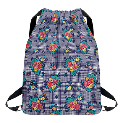 Blue And White Floral Glen Plaid Print Drawstring Backpack
