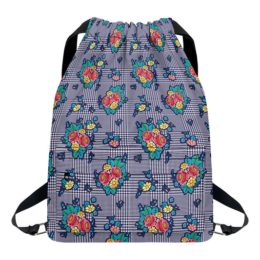 Blue And White Floral Glen Plaid Print Drawstring Backpack