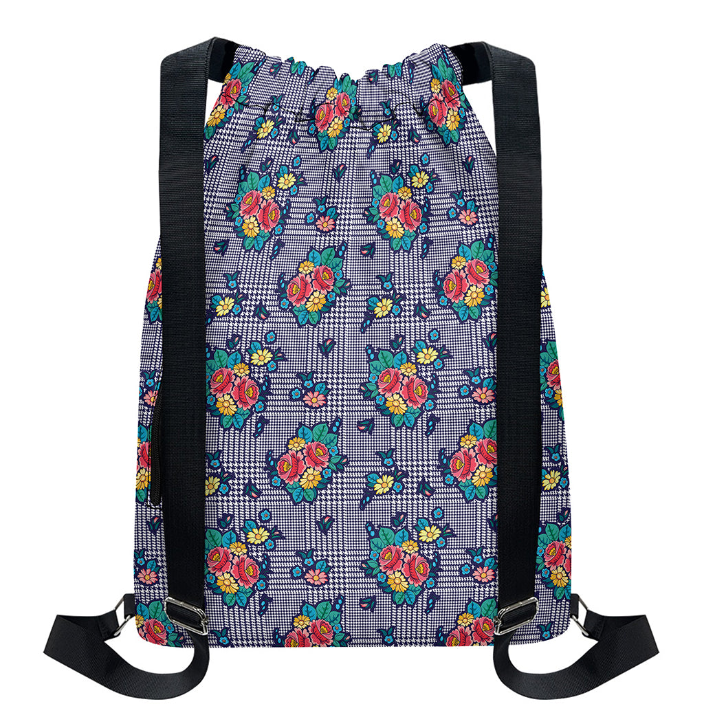 Blue And White Floral Glen Plaid Print Drawstring Backpack