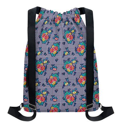 Blue And White Floral Glen Plaid Print Drawstring Backpack