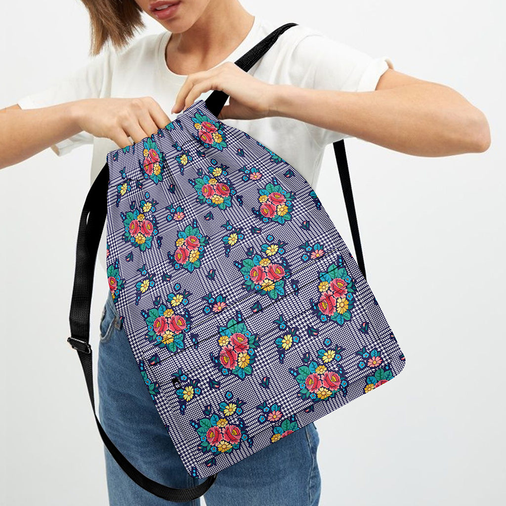 Blue And White Floral Glen Plaid Print Drawstring Backpack