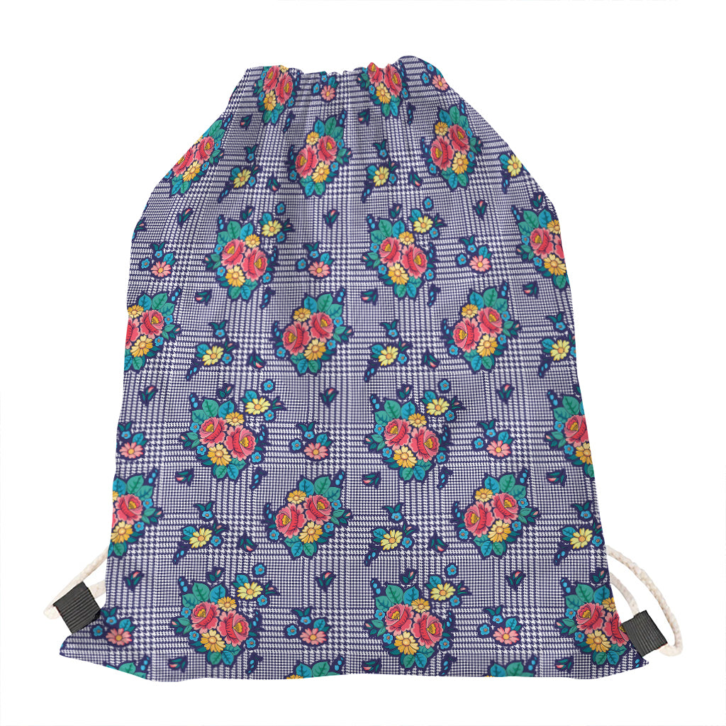 Blue And White Floral Glen Plaid Print Drawstring Bag
