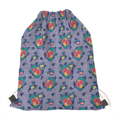 Blue And White Floral Glen Plaid Print Drawstring Bag