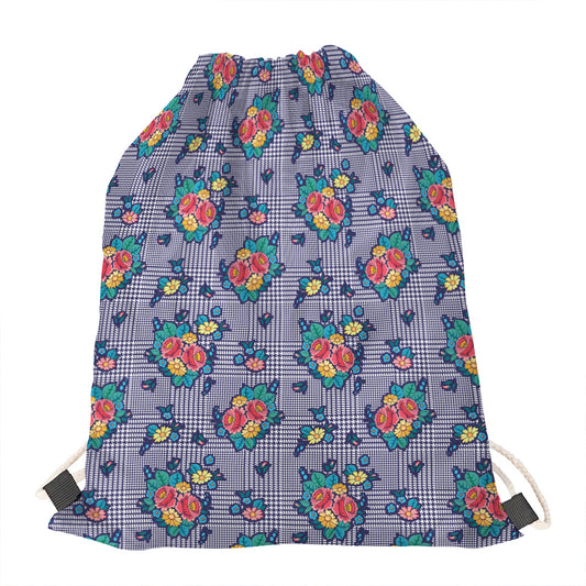 Blue And White Floral Glen Plaid Print Drawstring Bag