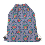 Blue And White Floral Glen Plaid Print Drawstring Bag