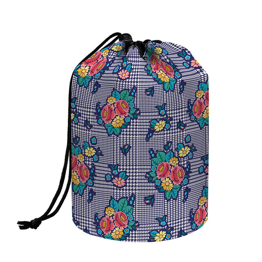 Blue And White Floral Glen Plaid Print Drawstring Makeup Bag