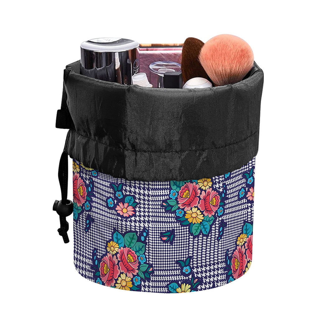 Blue And White Floral Glen Plaid Print Drawstring Makeup Bag