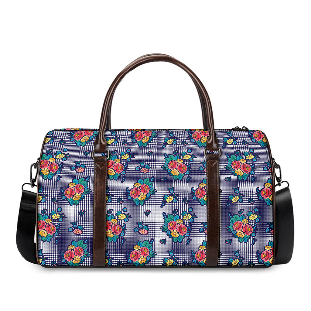 Blue And White Floral Glen Plaid Print Duffle Bag