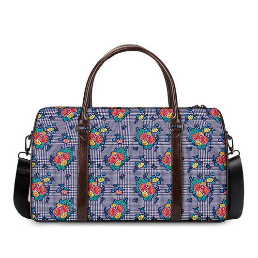 Blue And White Floral Glen Plaid Print Duffle Bag
