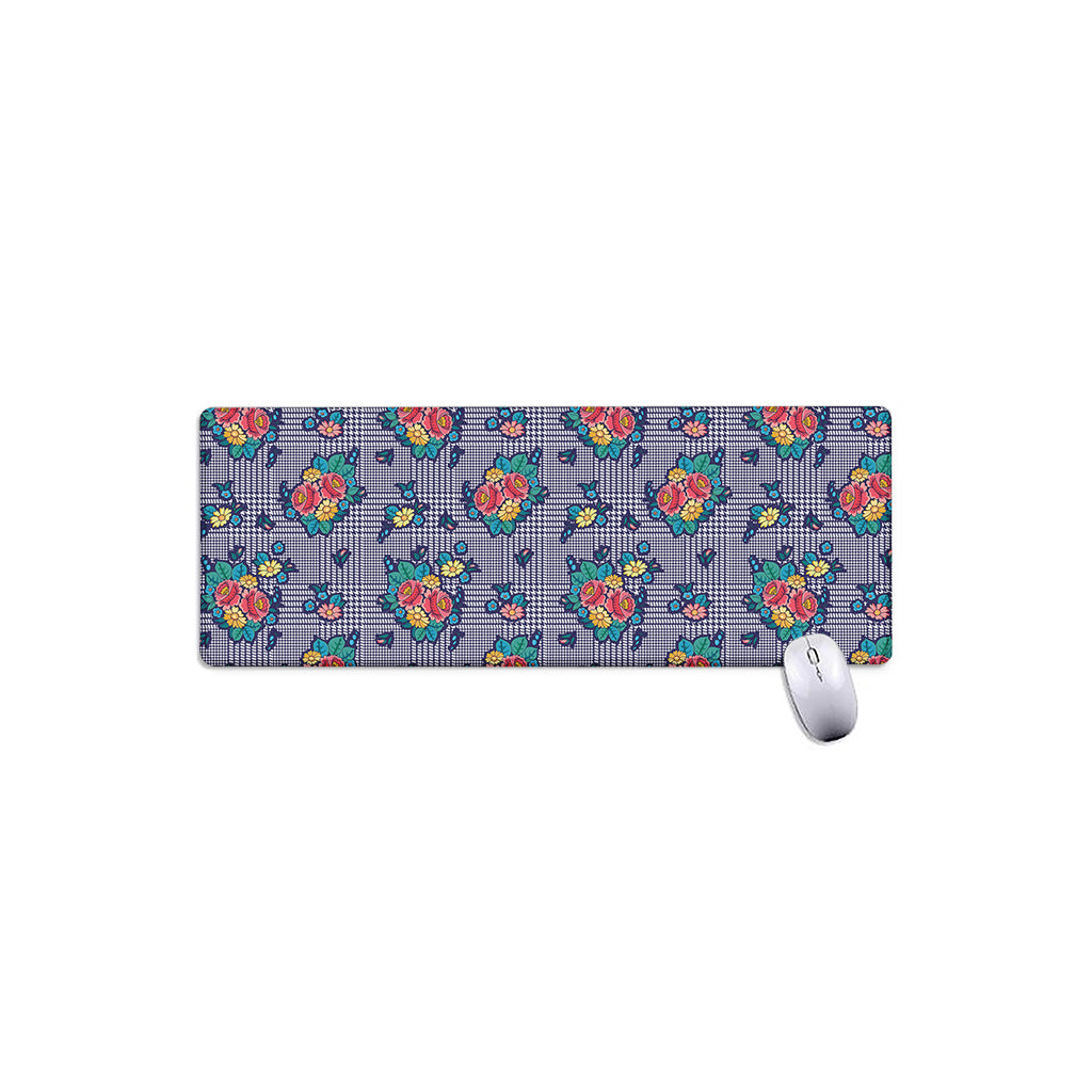 Blue And White Floral Glen Plaid Print Extended Mouse Pad