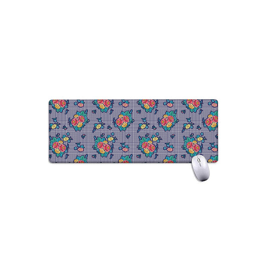 Blue And White Floral Glen Plaid Print Extended Mouse Pad