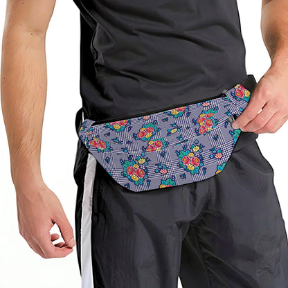 Blue And White Floral Glen Plaid Print Fanny Pack