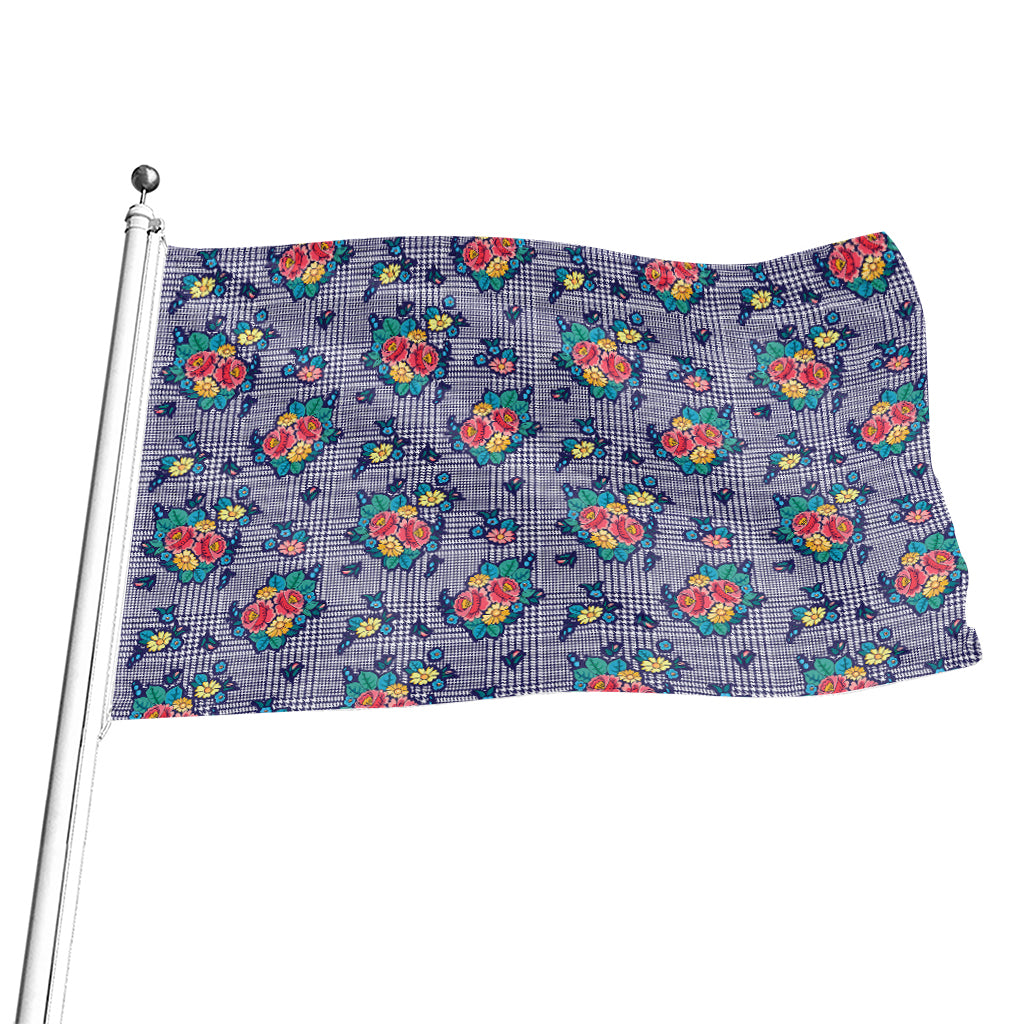 Blue And White Floral Glen Plaid Print Flag