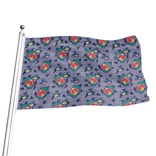 Blue And White Floral Glen Plaid Print Flag