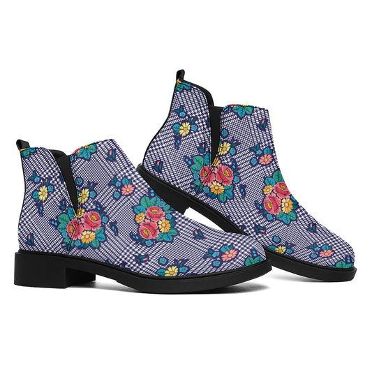 Blue And White Floral Glen Plaid Print Flat Ankle Boots